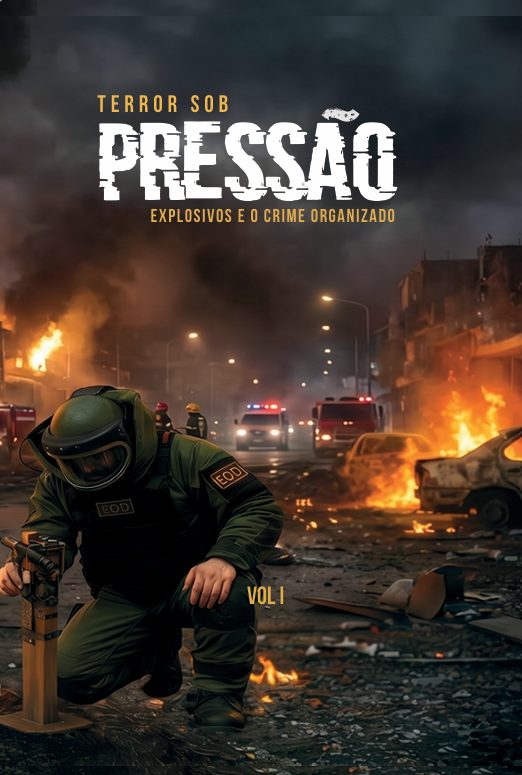 Capa do livro Terror sob Pressão, com um agente antibombas em uma rua em chamas